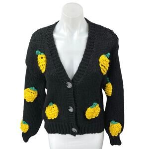 Cider Black Yellow Fruits 3D Knit V Neck Button Down Cardigan Sweater Top Size M